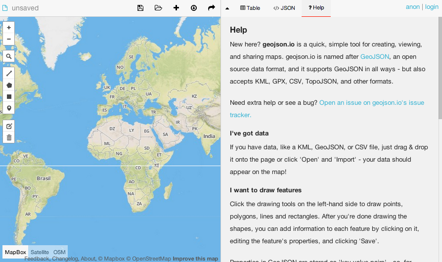 The geojson.io help section.