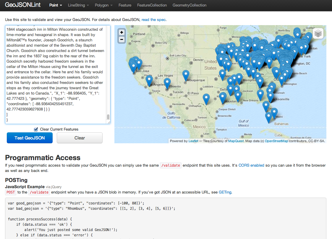 A screenshot of the GeoJSON Lint tool.